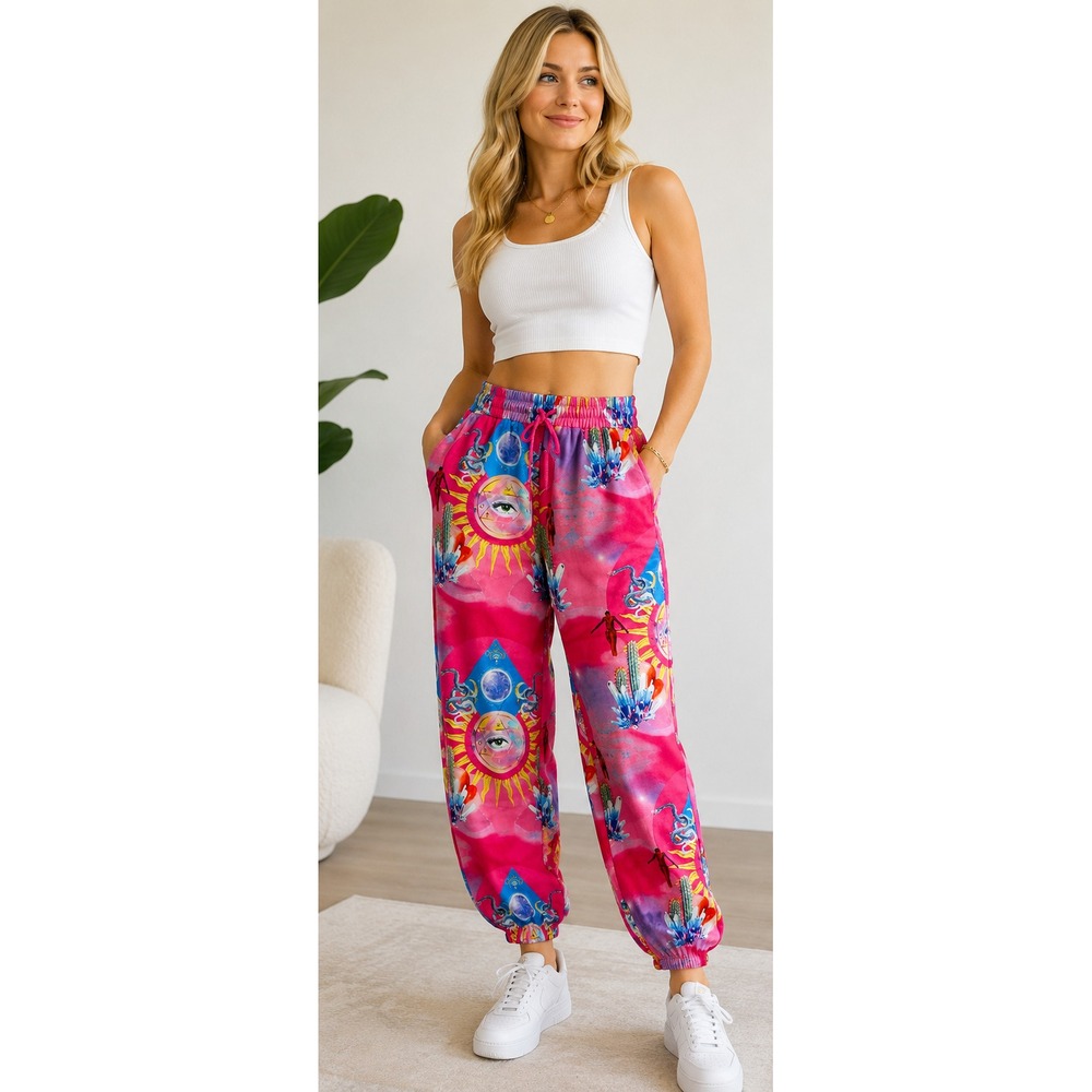 Elsie & Fred Pants Size 8 Pink Psychedelic Celestial Joggers Rave Festival Y2K